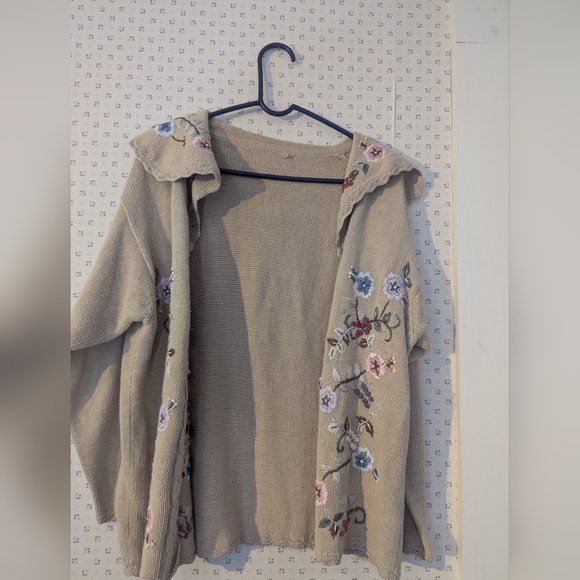 🤎Vintage Mocha L Cardigan Floral Embroidery Pearl Buttons Coastal Grandma - Picture 2 of 11
